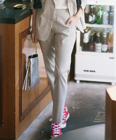 【洗える】リネンレーヨンストレッチ テーパード パンツ