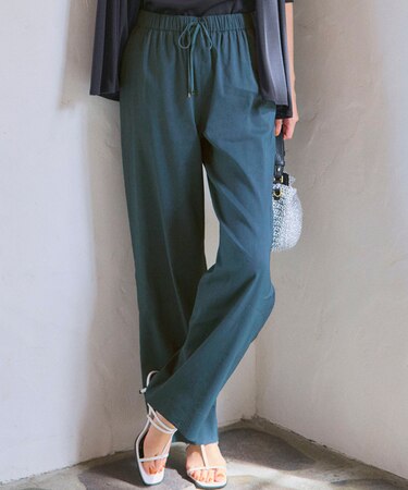 【洗える】リネンレーヨンストレッチ ドロスト ワイド パンツ