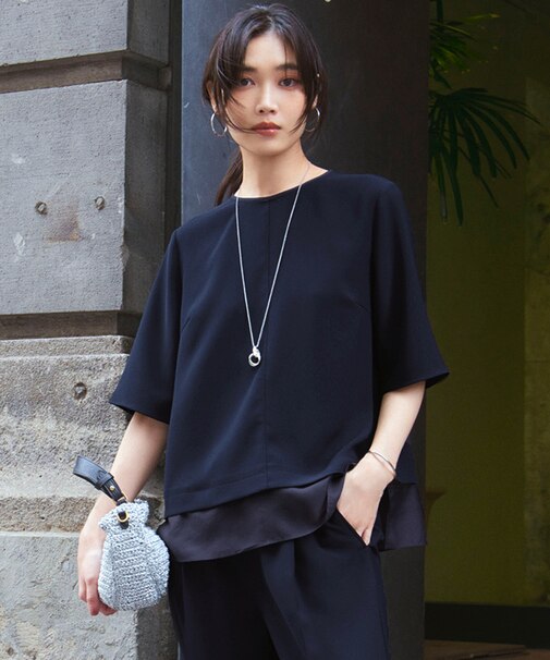 【吸水速乾/UVカット/接触冷感】ストレッチジョーゼット シアーコンビ カットソー