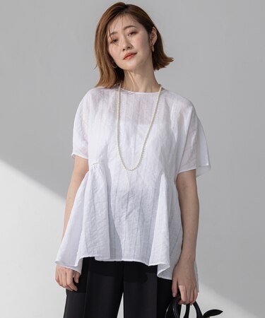 【洗える】カラミ ストライプ ペプラム ブラウス