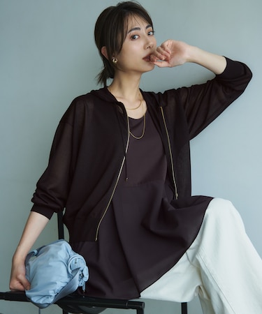 【洗える】シャイニーシアー ニット パーカー