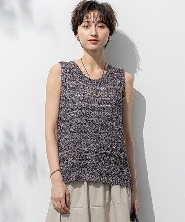 【洗える】テープミックススカシ ノースリーブ ニット