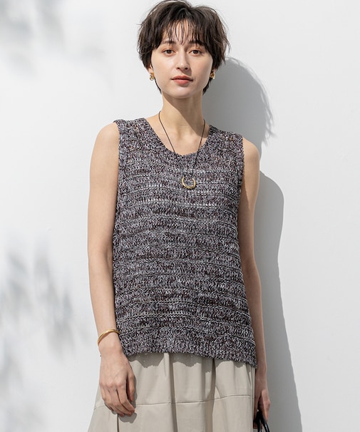 【洗える】テープミックススカシ ノースリーブ ニット