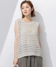 【洗える】テープミックススカシ ノースリーブ ニット