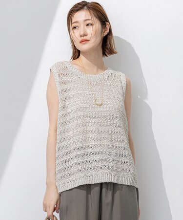 【洗える】テープミックススカシ ノースリーブ ニット