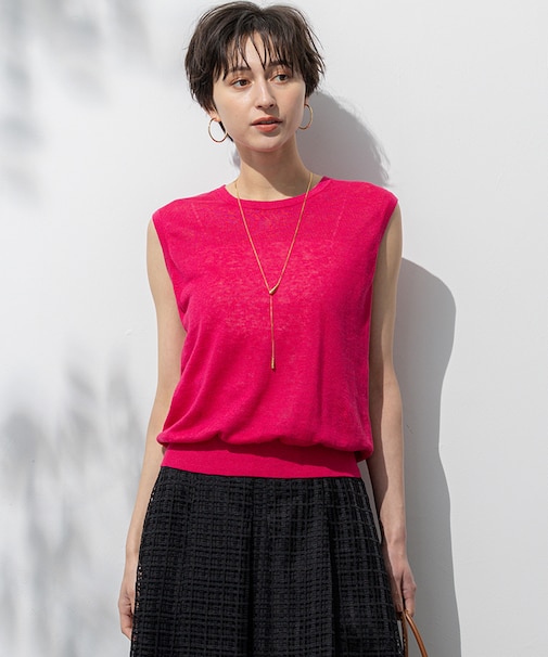 【洗える】ピュアリネンハイゲージ ノースリーブ ニット