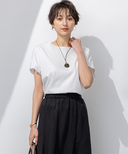 【汗じみ防止/洗える】スムースデザイン フレンチスリーブ Tシャツ