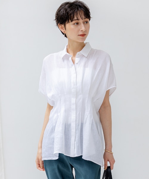 【未使用】LIBECOリネン タック デザイン シャツ 洗える】LIBECOリネン タック デザイン シャツ｜ニジュウサンク