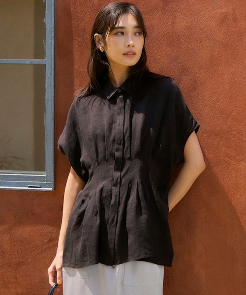 【未使用】LIBECOリネン タック デザイン シャツ 洗える】LIBECOリネン タック デザイン シャツ｜ニジュウサンク