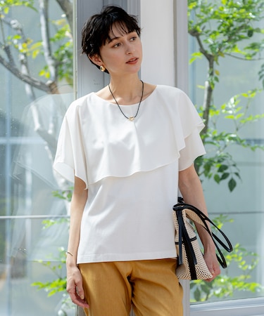 【汗じみ防止/洗える】スムースデザイン ラッフルカラー カットソー