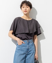 【汗じみ防止/洗える】スムースデザイン ラッフルカラー カットソー