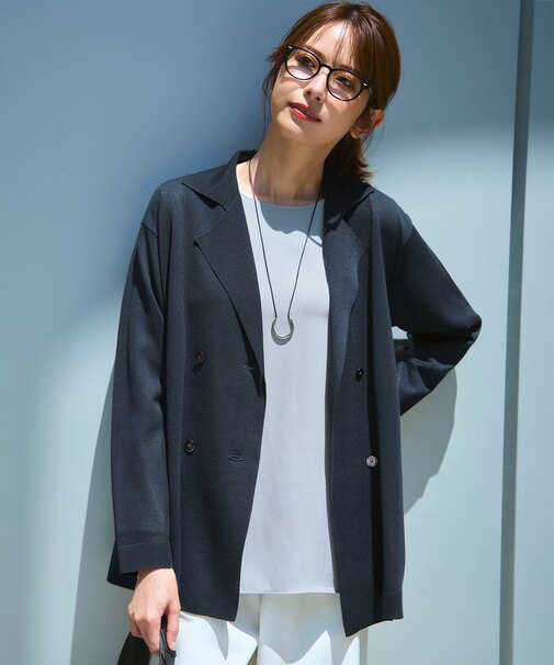 【洗える】シアー ダブルブレスト ニット ジャケット