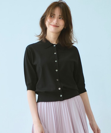 【洗える/吊り干しOK】ヴィスコースストレッチ ポロニット カーディガン