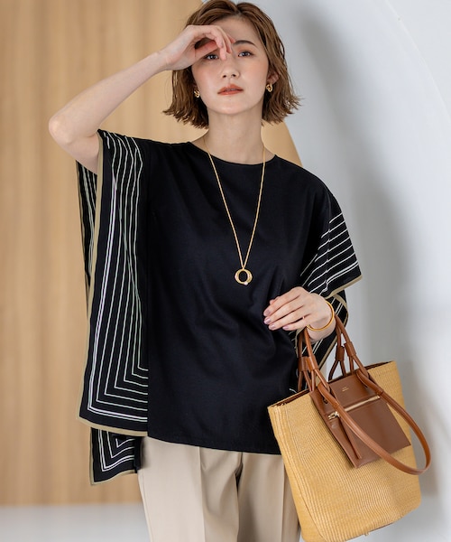 大きいサイズ！汗じみ防止加工スカーフプリントコンビ フレンチスリーブ カットソー 汗じみ防止加工】スカーフプリントコンビ フレンチスリーブ