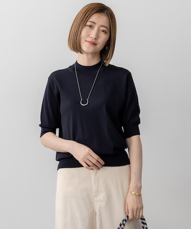 【洗える】サステナブルウール モックネック 5分袖 ニット