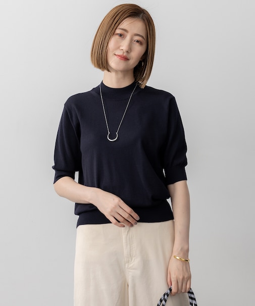 【洗える】サステナブルウール モックネック 5分袖 ニット