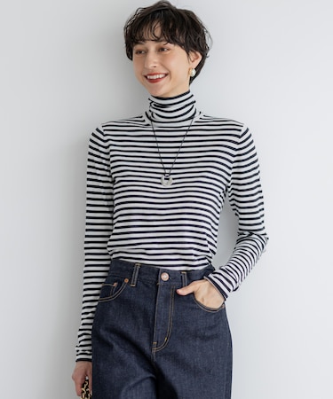 【洗える】スムージーコットン タートルネック ニット