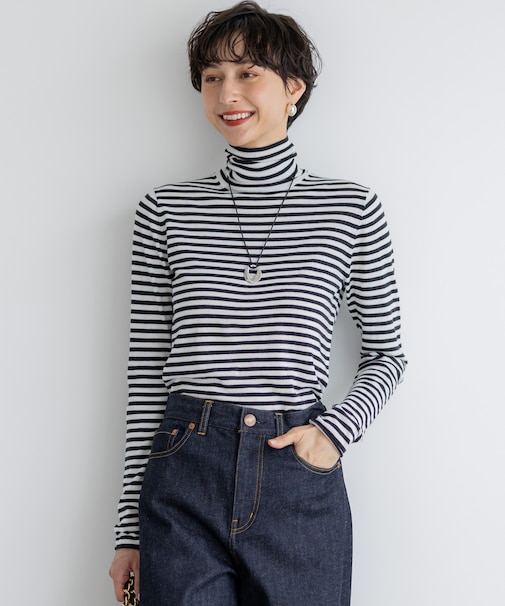 【洗える】スムージーコットン タートルネック ニット