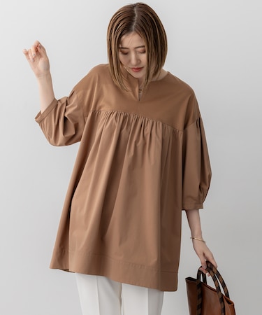 【洗える】シルキータフタコンビ チュニック カットソー