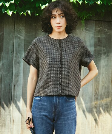 【洗える】ツイーディーカラーミックス ハーフスリーブ ブラウス