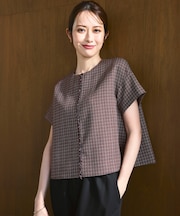 【洗える】ツイーディーカラーミックス ハーフスリーブ ブラウス