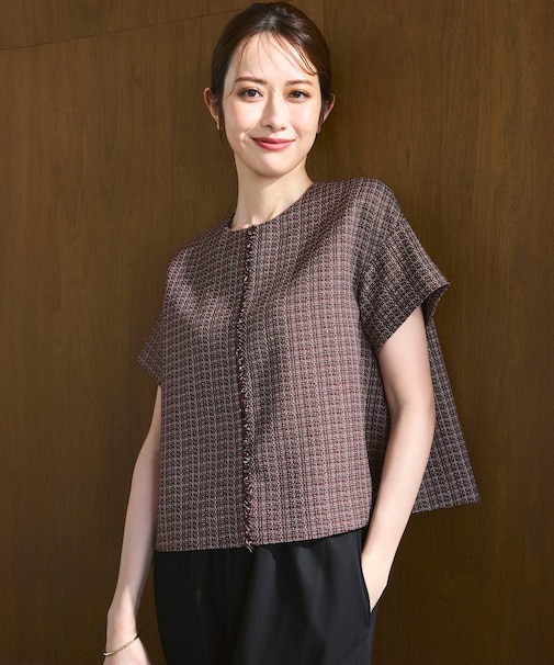 【洗える】ツイーディーカラーミックス ハーフスリーブ ブラウス