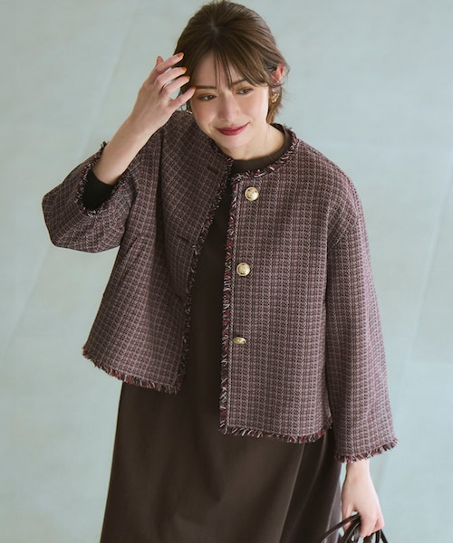 【美品】23区 ニジュウサンク ミックス ツイード ノーカラージャケット 11号 セットアップ対応】シャインツイードストレッチ ノーカラー