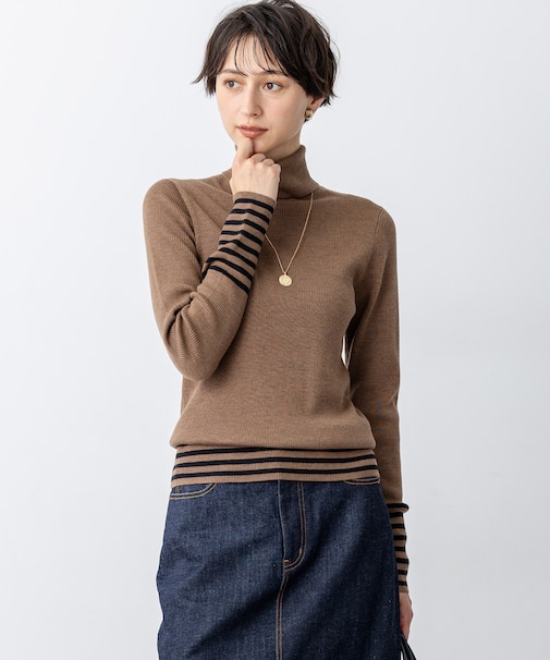 【見上愛さん着用/VERY掲載/洗える】ウーステッドウール リブタートル ボーダー ニット