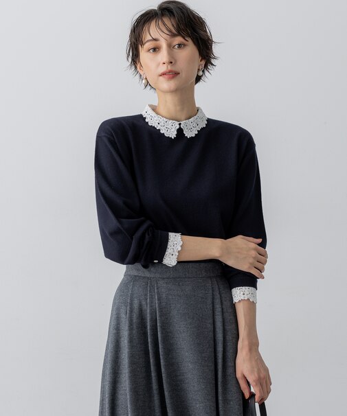 【洗える】エンブロイダリー フラワーレースコンビ ニット