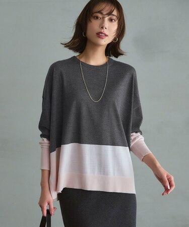 【洗える】ウーステッドウール カラーブロック ニット