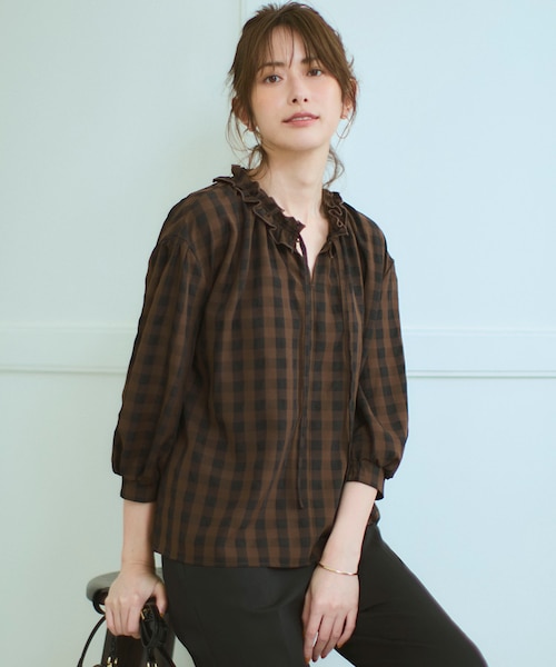 WEB&一部店舗限定】ブロックチェック フリル ブラウス｜ニジュウ