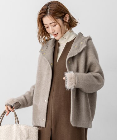 【洗える】ラクーンブレンドダブルフェイス ニット フーディー