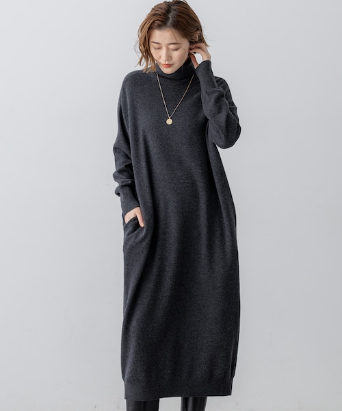 洗える】カシミヤブレンド タートルネック ニットワンピース