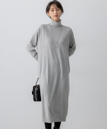【洗える】カシミヤブレンド タートルネック ニットワンピース