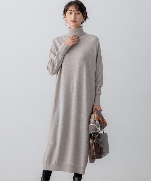 【洗える】カシミヤブレンド タートルネック ニットワンピース