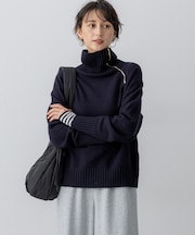 ボイルドウールコンビ ジップ タートルニット