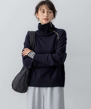 ボイルドウールコンビ ジップ タートルニット