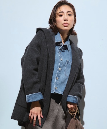 【洗える】ラクーンブレンドダブルフェイス フーディー ニットカーディガン