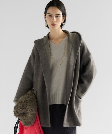 【洗える】ラクーンブレンドダブルフェイス フーディー ニットカーディガン