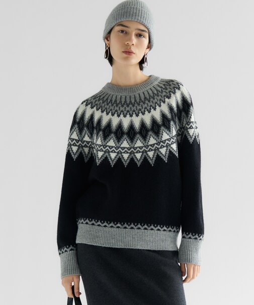 【洗える】ジャガード クルーネック ニット