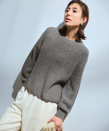 【洗える】スパンコールバルキー クロップド ニット