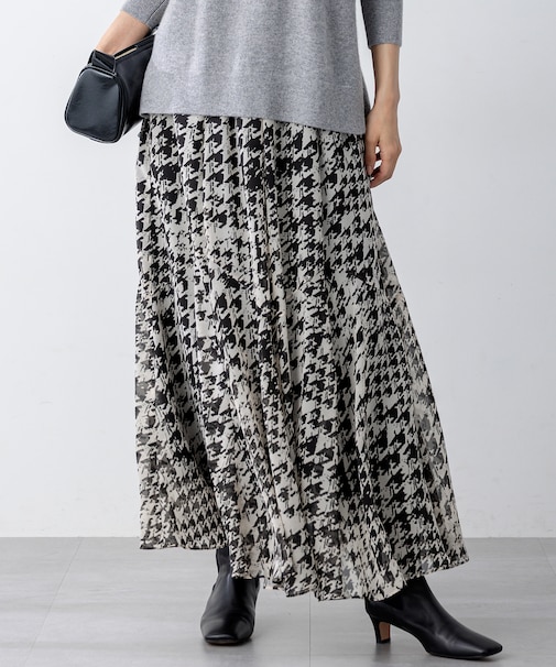 【洗える】ハウンドトゥースアートプリント ギャザー スカート
