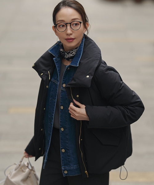 TAION:〈手洗い可能〉パイピング クルーネック ロング ダウン コート