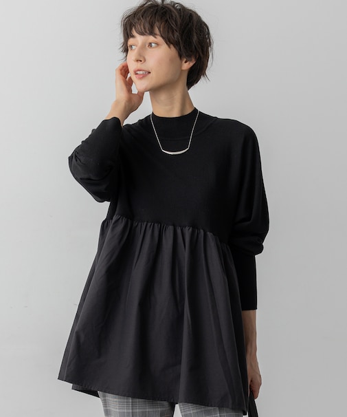 【洗える】ギャザープルオーバー コンビ ニット