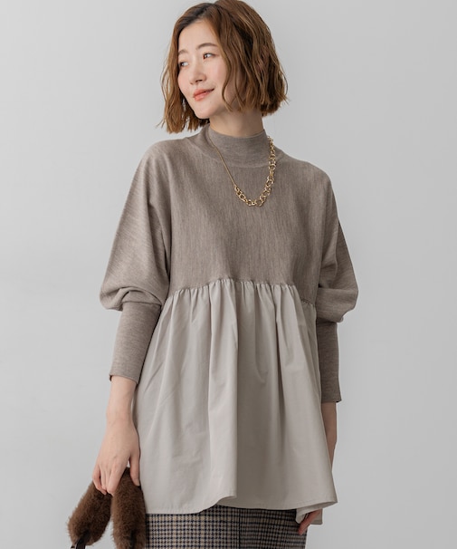 【洗える】ギャザープルオーバー コンビ ニット