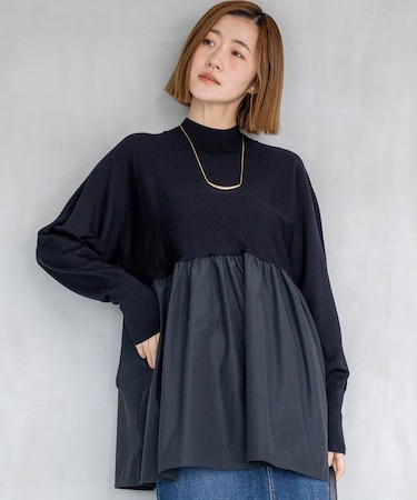 【洗える】ギャザープルオーバー コンビ ニット