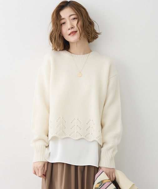 【滝沢眞規子さん着用/洗える】レーシーヘムデザイン パフスリーブ ニット