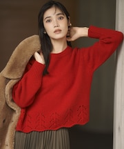 【洗える】レーシーヘムデザイン パフスリーブ ニット