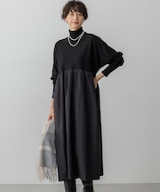 【洗える】ギャザーコンビ ニットワンピース