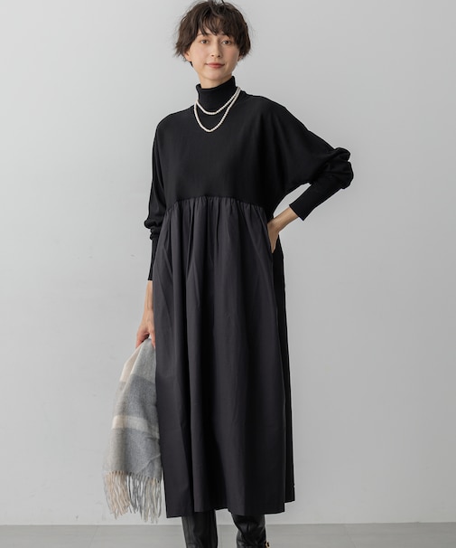 【洗える】ギャザーコンビ ニットワンピース